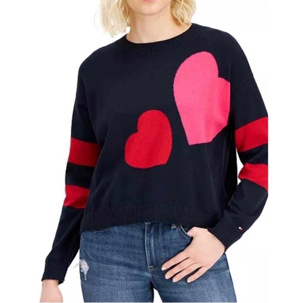 Tommy Hilfiger Women's Cropped Double Heart Sweater‎ Navy Crewneck Size Large - Picture 2 of 15